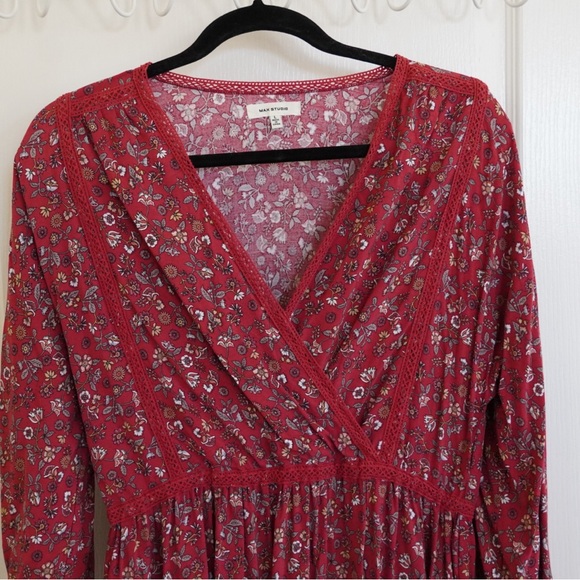 Max Studio Floral Brick Red Rust Vneck Ruffle Peasant Midi Dress - Picture 2 of 4